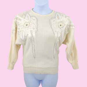 VINTAGE CARDUCCI IVORY FLORAL PEARL EMBELLISHED DOLMAN SLV 80'S SWEATER!  M